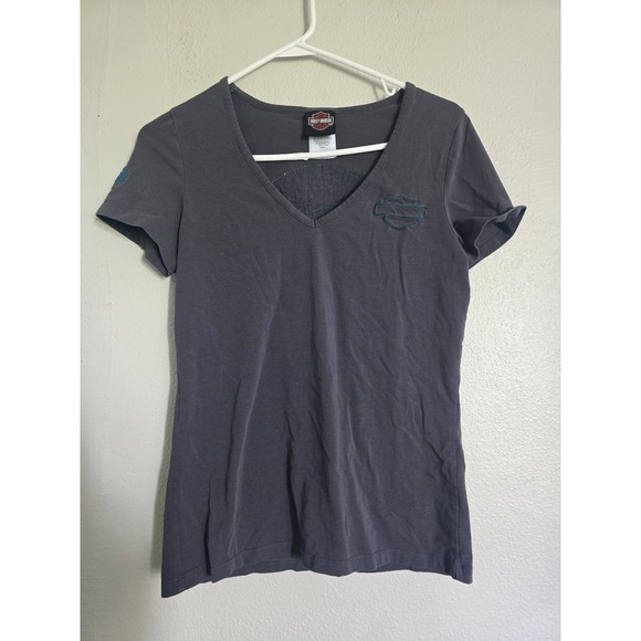Harley Davidson Skull Graphic Tee V‎ Neck Short Sleeve Top Gray Large - Picture 1 of 6